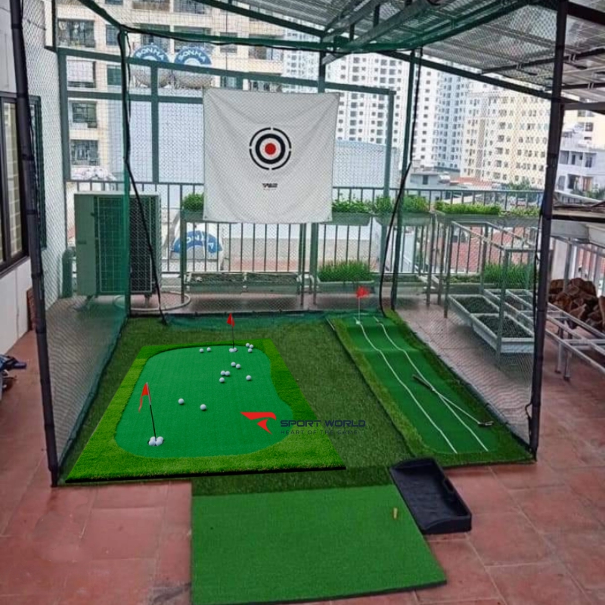 Combo Khung Lưới Lồng Tập 3x3x3m, thảm swing 1.5x1.5m, cỏ nhân tạo lót nền và thảm putt 1.25x2.5m